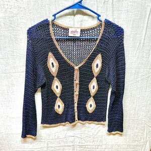 NETWORK Vintage Hand Made Crochet 100% Viscose Navy Blue Tan Cardigan S/M